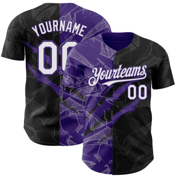 Custom Graffiti Pattern White Black-Purple 3D Scratch Authentic Baseball Jersey