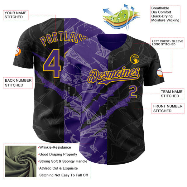 Custom Graffiti Pattern Purple Black-Yellow 3D Scratch Authentic Baseball Jersey