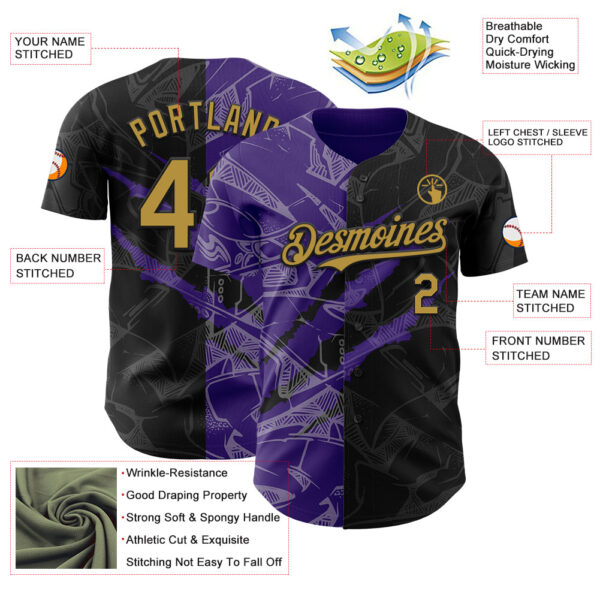 Custom Graffiti Pattern Old Gold Black-Purple 3D Scratch Authentic Baseball Jersey