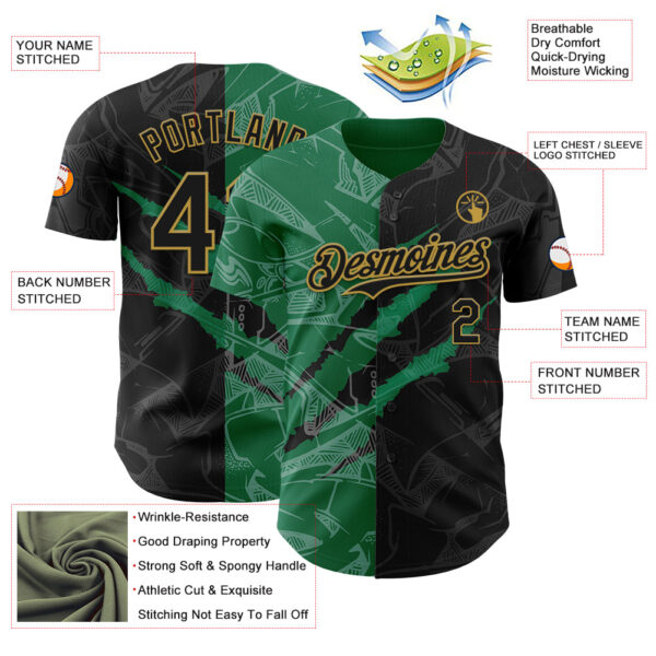 Custom Graffiti Pattern Black Kelly Green-Old Gold 3D Scratch Authentic Baseball Jersey