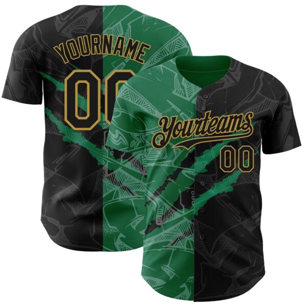 Custom Graffiti Pattern Black Kelly Green-Old Gold 3D Scratch Authentic Baseball Jersey