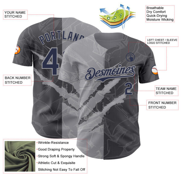 Custom Graffiti Pattern Navy Steel Gray-Gray 3D Scratch Authentic Baseball Jersey