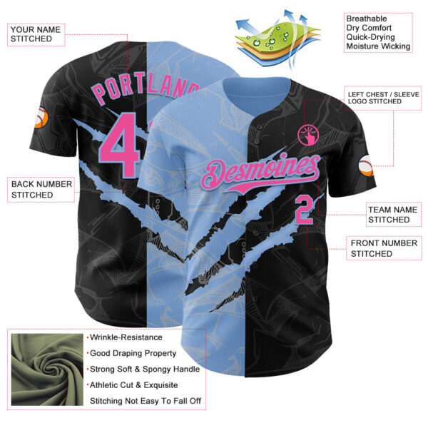 Custom Graffiti Pattern Pink Black-Light Blue 3D Scratch Authentic Baseball Jersey