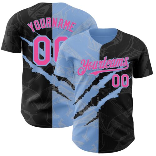 Custom Graffiti Pattern Pink Black-Light Blue 3D Scratch Authentic Baseball Jersey