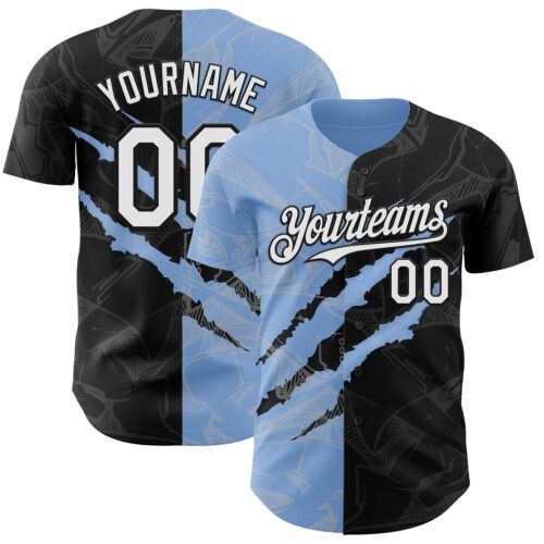 Custom Graffiti Pattern White Black-Light Blue 3D Scratch Authentic Baseball Jersey