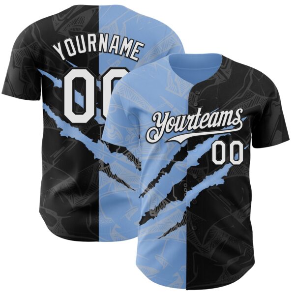 Custom Graffiti Pattern White Black-Light Blue 3D Scratch Authentic Baseball Jersey