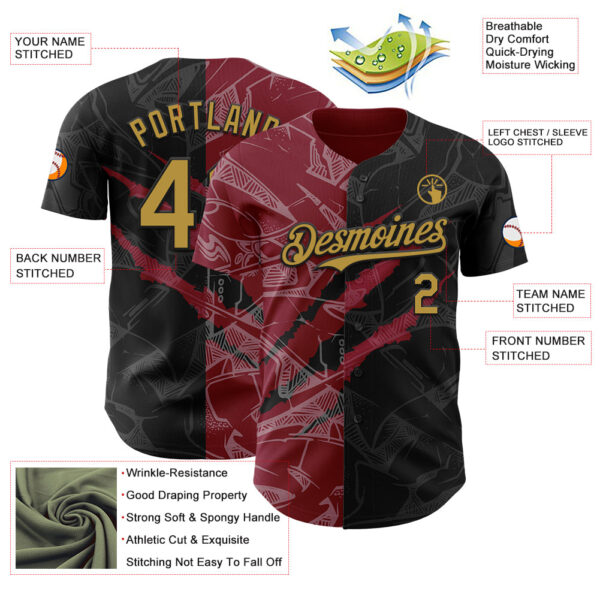 Custom Graffiti Pattern Old Gold Black-Crimson 3D Scratch Authentic Baseball Jersey