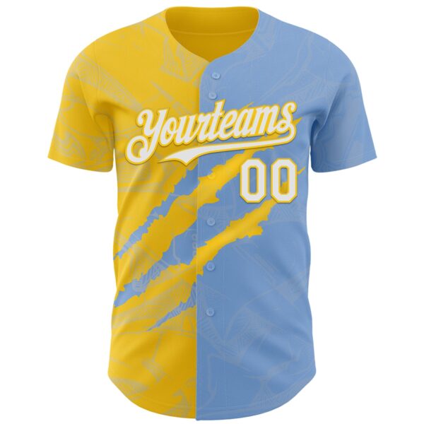 Custom Graffiti Pattern White Light Blue-Yellow 3D Scratch Authentic Baseball Jersey