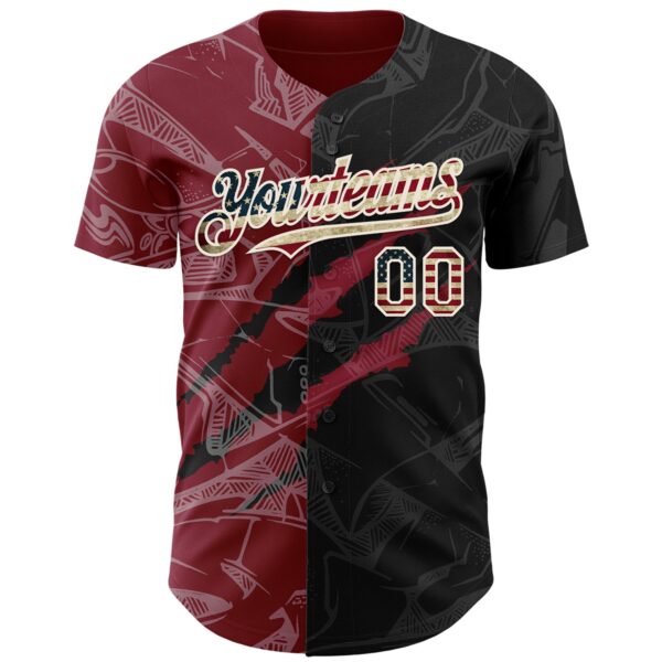 Custom Graffiti Pattern Vintage USA Flag Black Crimson-Cream 3D Scratch Authentic Baseball Jersey