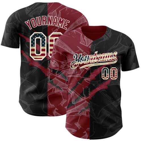 Custom Graffiti Pattern Vintage USA Flag Black Crimson-Cream 3D Scratch Authentic Baseball Jersey