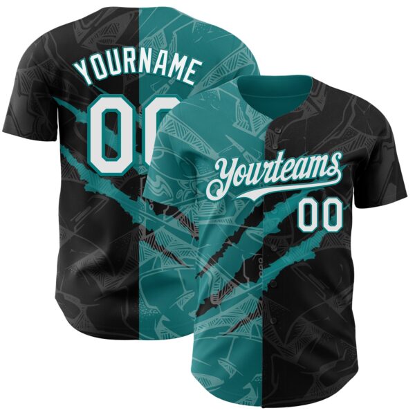 Custom Graffiti Pattern White Black-Teal 3D Scratch Authentic Baseball Jersey