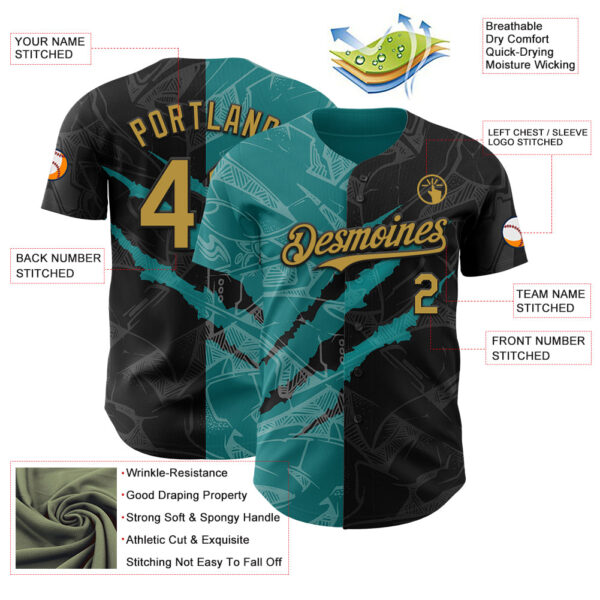 Custom Graffiti Pattern Old Gold Black-Teal 3D Scratch Authentic Baseball Jersey