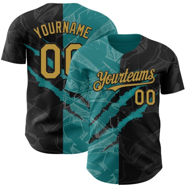 Custom Graffiti Pattern Old Gold Black-Teal 3D Scratch Authentic Baseball Jersey