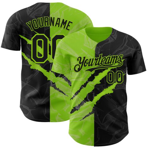 Custom Graffiti Pattern Black-Neon Green 3D Scratch Authentic Baseball Jersey