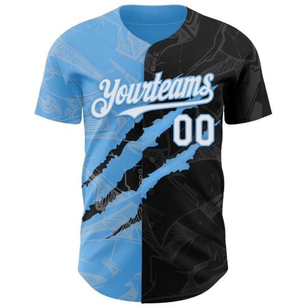 Custom Graffiti Pattern White Black-Sky Blue 3D Scratch Authentic Baseball Jersey