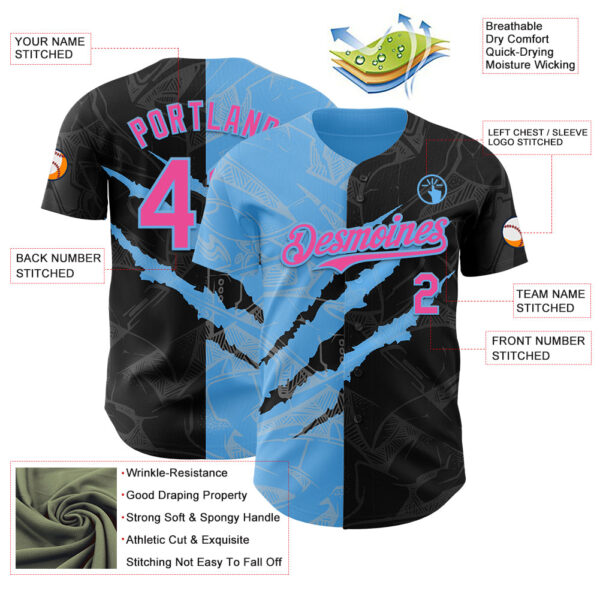 Custom Graffiti Pattern Pink Black-Sky Blue 3D Scratch Authentic Baseball Jersey