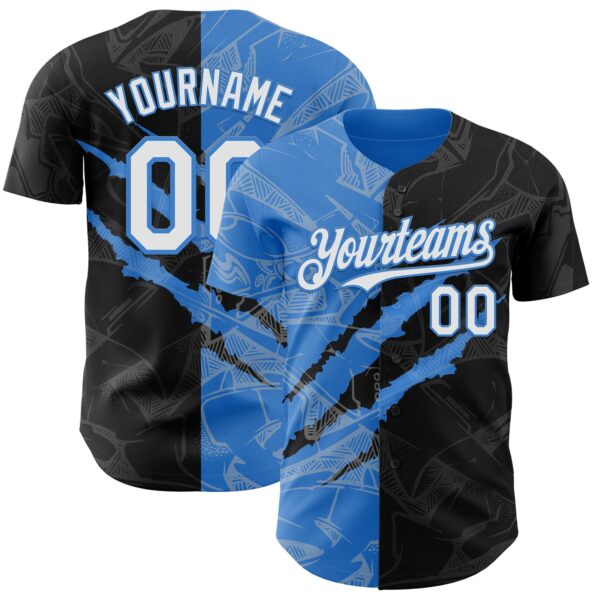 Custom Graffiti Pattern White Black-Electric Blue 3D Scratch Authentic Baseball Jersey