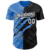 Custom Graffiti Pattern White Black-Electric Blue 3D Scratch Authentic Baseball Jersey