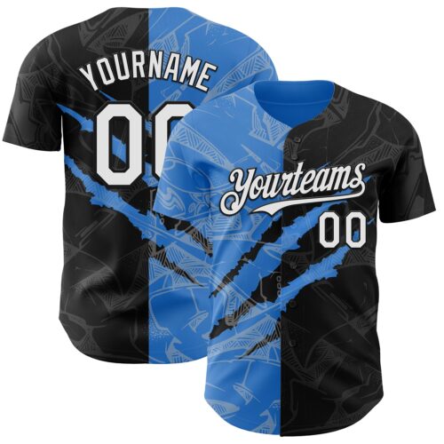 Custom Graffiti Pattern White Black-Electric Blue 3D Scratch Authentic Baseball Jersey
