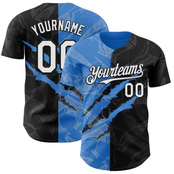 Custom Graffiti Pattern White Black-Electric Blue 3D Scratch Authentic Baseball Jersey