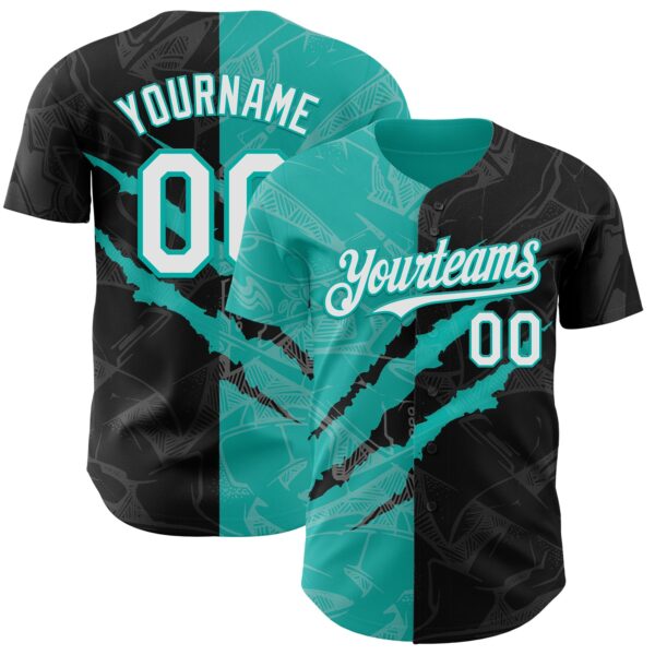 Custom Graffiti Pattern White Black-Aqua 3D Scratch Authentic Baseball Jersey