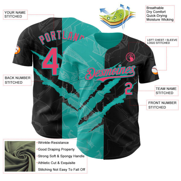 Custom Graffiti Pattern Neon Pink Black-Aqua 3D Scratch Authentic Baseball Jersey