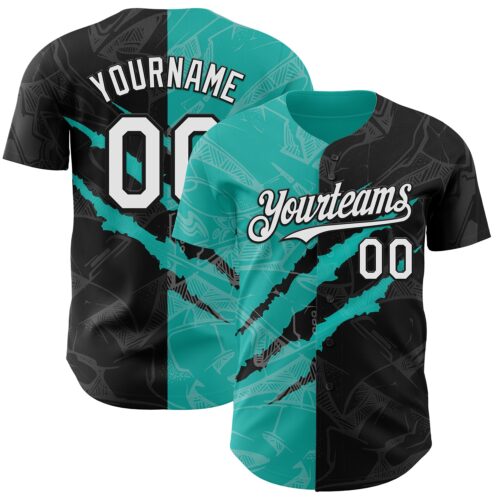 Custom Graffiti Pattern White Black-Aqua 3D Scratch Authentic Baseball Jersey