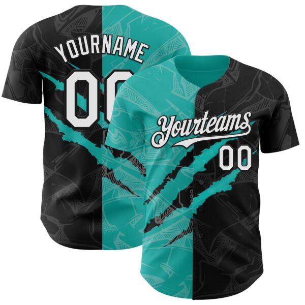 Custom Graffiti Pattern White Black-Aqua 3D Scratch Authentic Baseball Jersey
