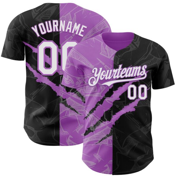 Custom Graffiti Pattern White Black-Medium Purple 3D Scratch Authentic Baseball Jersey