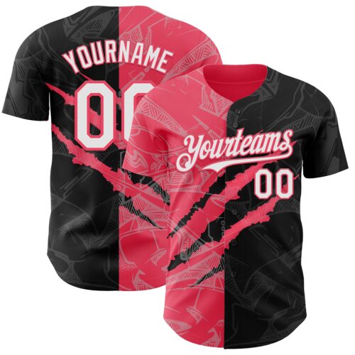 Custom Graffiti Pattern White Black-Neon Pink 3D Scratch Authentic Baseball Jersey