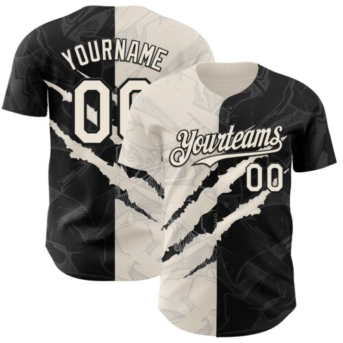 Custom Graffiti Pattern Cream-Black 3D Scratch Authentic Baseball Jersey