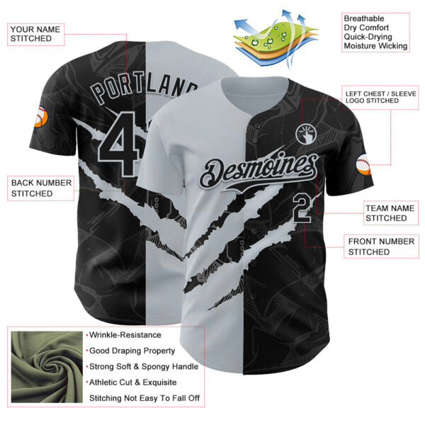 Custom Graffiti Pattern Black-Silver 3D Scratch Authentic Baseball Jersey