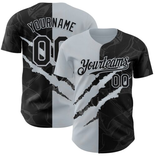 Custom Graffiti Pattern Black-Silver 3D Scratch Authentic Baseball Jersey