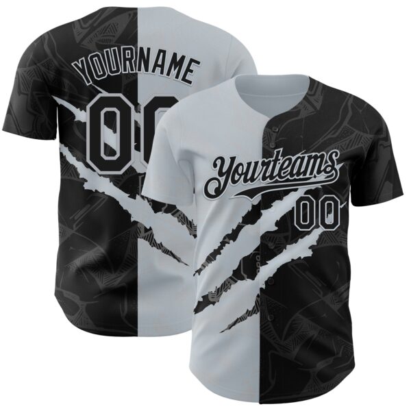 Custom Graffiti Pattern Black-Silver 3D Scratch Authentic Baseball Jersey