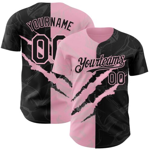 Custom Graffiti Pattern Black-Light Pink 3D Scratch Authentic Baseball Jersey
