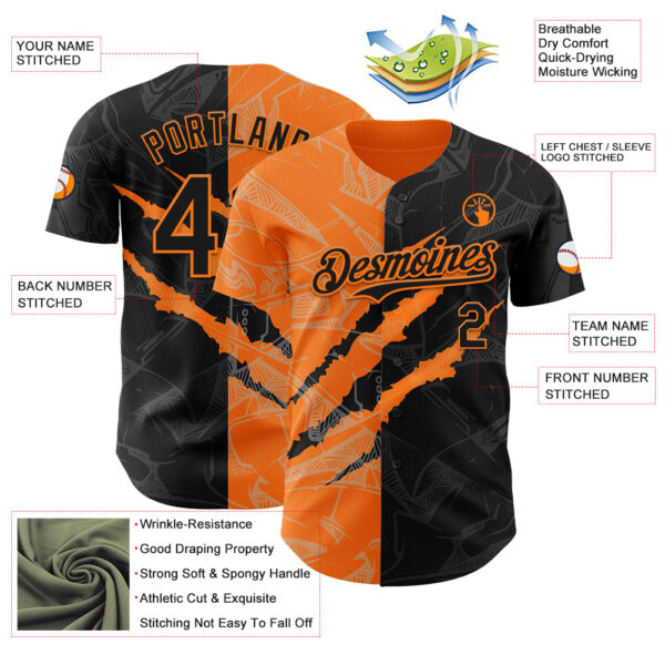 Custom Graffiti Pattern Black-Bay Orange 3D Scratch Authentic Baseball Jersey