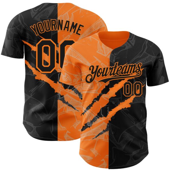 Custom Graffiti Pattern Black-Bay Orange 3D Scratch Authentic Baseball Jersey