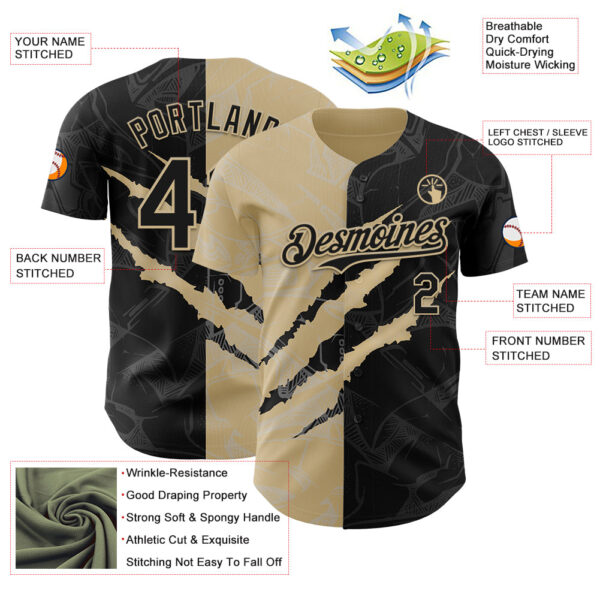 Custom Graffiti Pattern Black-Vegas Gold 3D Scratch Authentic Baseball Jersey
