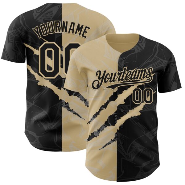 Custom Graffiti Pattern Black-Vegas Gold 3D Scratch Authentic Baseball Jersey