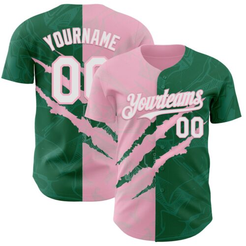 Custom Graffiti Pattern White Kelly Green-Light Pink 3D Scratch Authentic Baseball Jersey