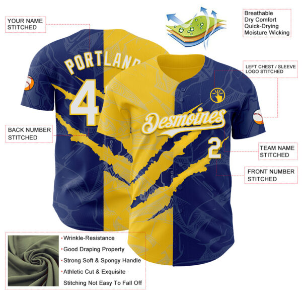 Custom Graffiti Pattern White Royal-Yellow 3D Scratch Authentic Baseball Jersey