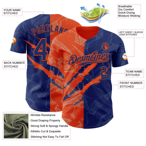 Custom Graffiti Pattern Royal-Orange 3D Scratch Authentic Baseball Jersey
