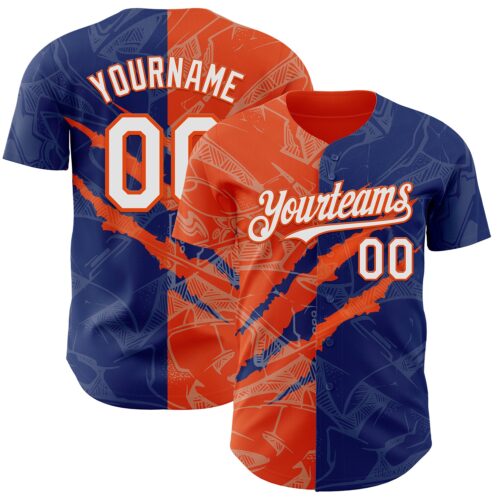 Custom Graffiti Pattern White Royal-Orange 3D Scratch Authentic Baseball Jersey