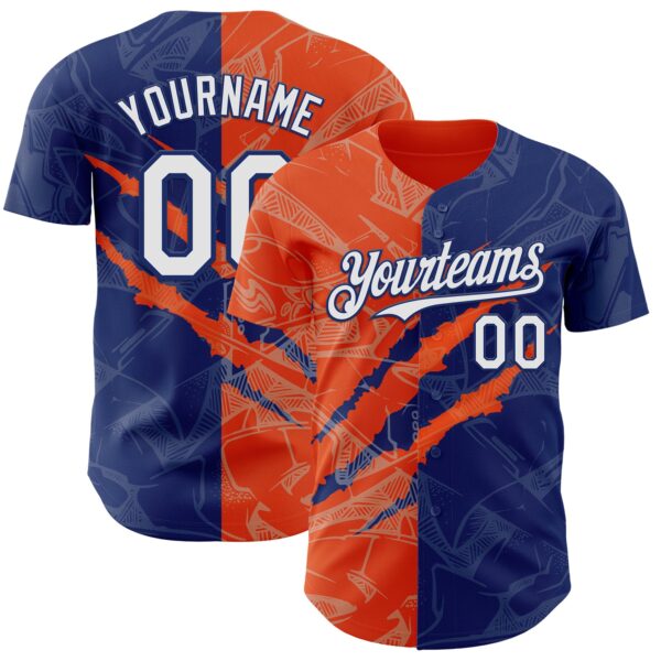 Custom Graffiti Pattern White Royal-Orange 3D Scratch Authentic Baseball Jersey