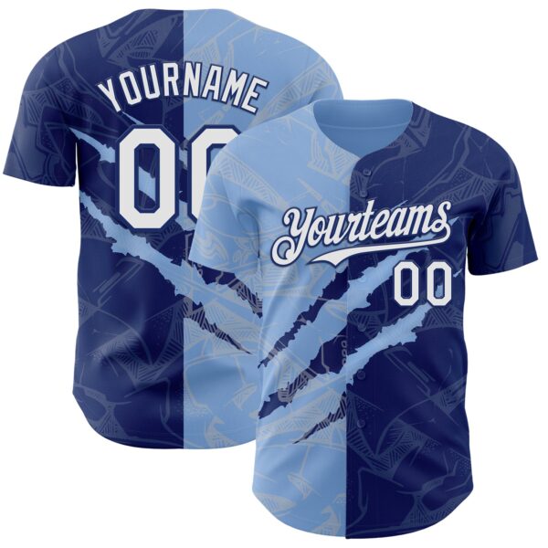Custom Graffiti Pattern White Royal-Light Blue 3D Scratch Authentic Baseball Jersey