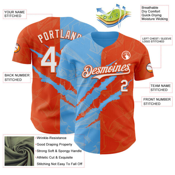 Custom Graffiti Pattern White Orange-Sky Blue 3D Scratch Authentic Baseball Jersey