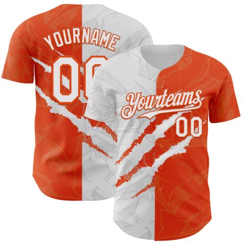 Custom Graffiti Pattern White-Orange 3D Scratch Authentic Baseball Jersey
