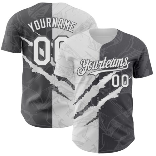 Custom Graffiti Pattern White-Steel Gray 3D Scratch Authentic Baseball Jersey