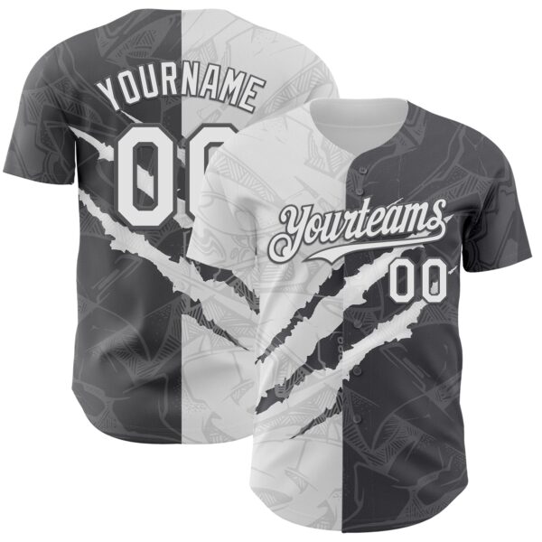 Custom Graffiti Pattern White-Steel Gray 3D Scratch Authentic Baseball Jersey