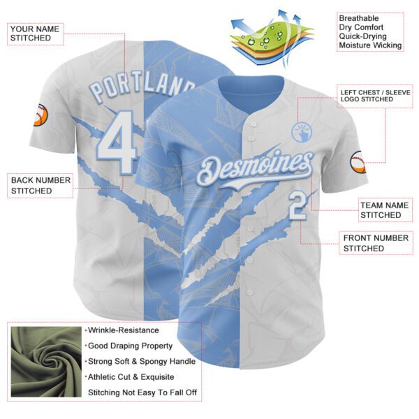 Custom Graffiti Pattern White-Light Blue 3D Scratch Authentic Baseball Jersey